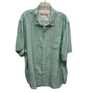 Tommy Bahama Men Linen Camp Shirt XXL Short Sleeve Button Green Pocket Resort